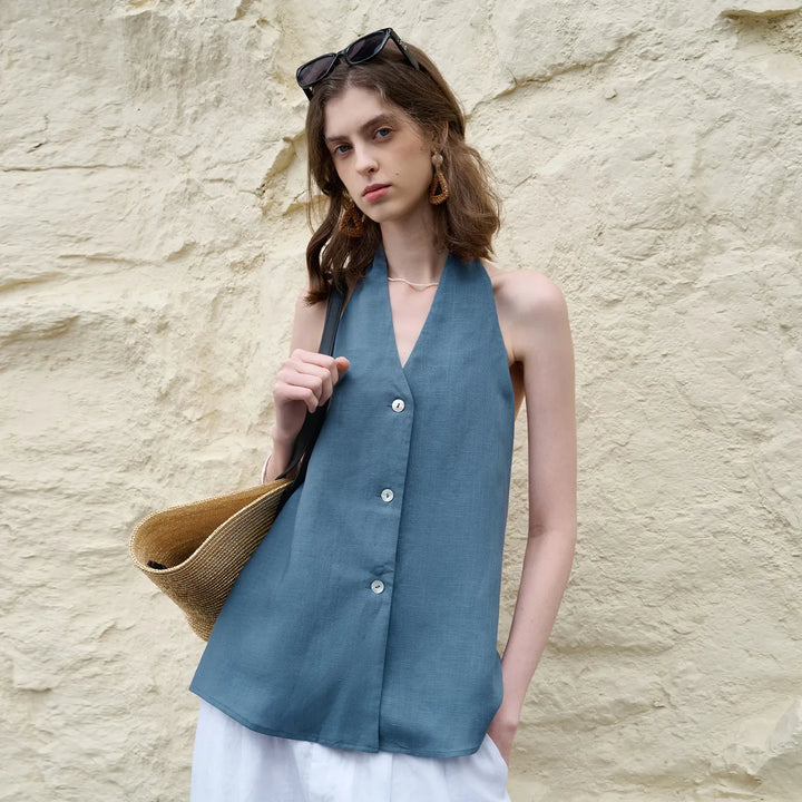 Morgan & Brooke | Natural Halter-Neck Waistcoat Cut Linen Top