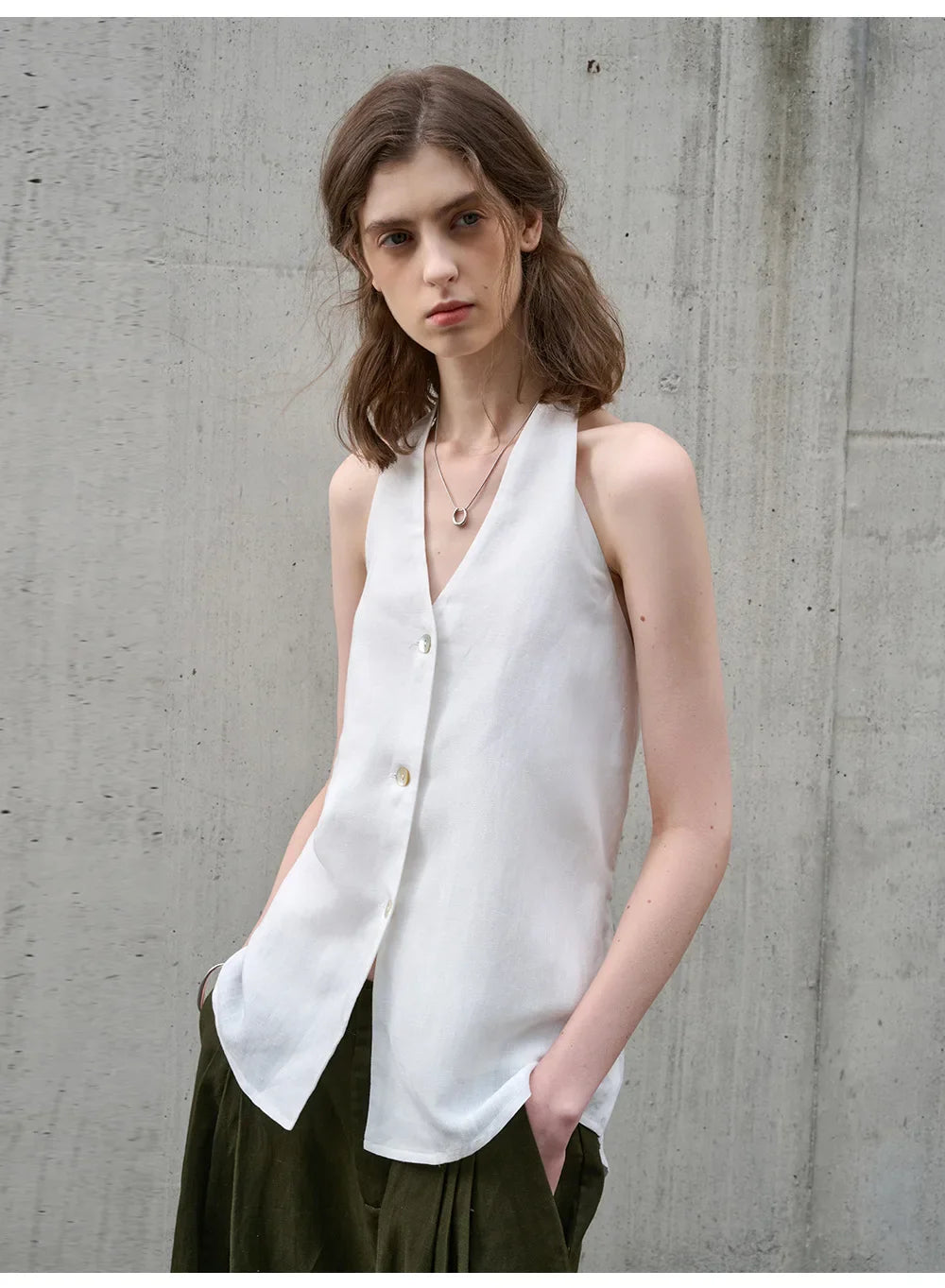 Morgan & Brooke | Natural Halter-Neck Waistcoat Cut Linen Top