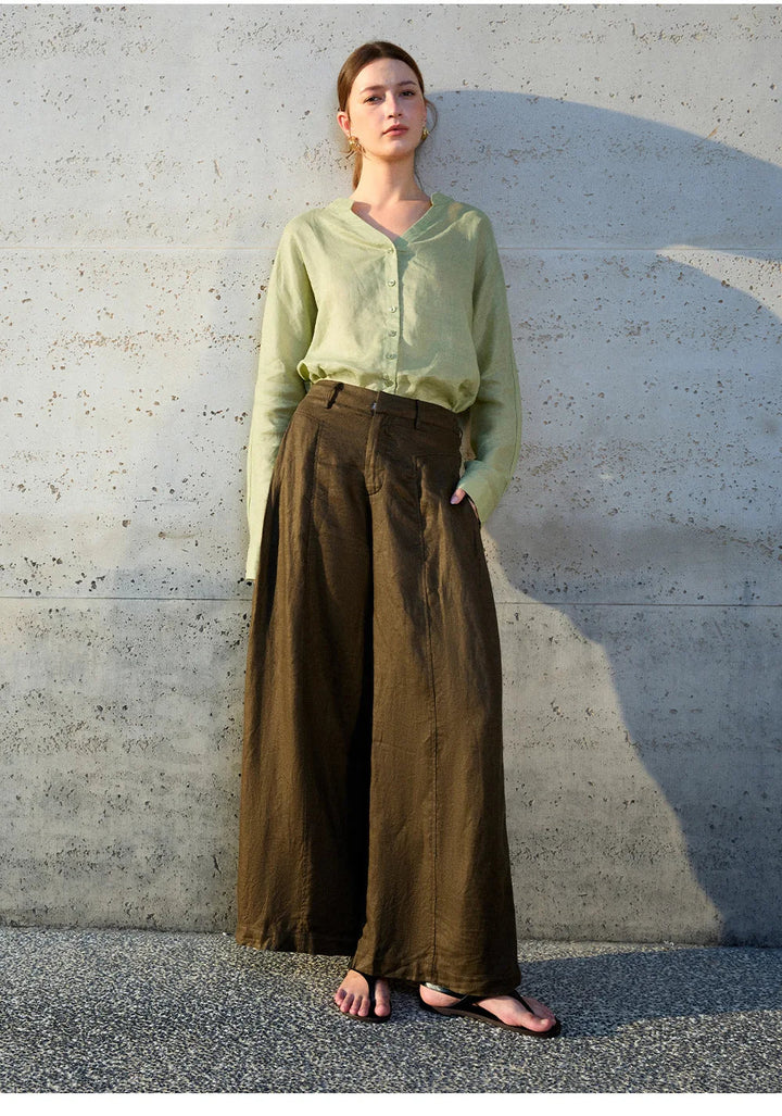 Morgan & Brooke | Natural Collarless V-Neck Linen Shirt