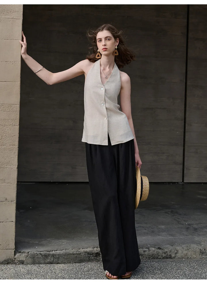 Morgan & Brooke | Natural Halter-Neck Waistcoat Cut Linen Top