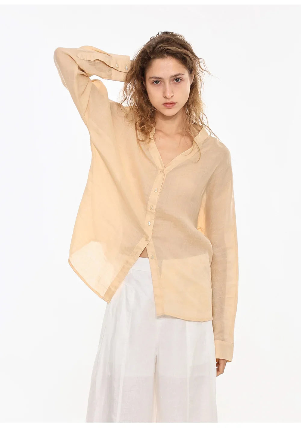 Morgan & Brooke | Natural Collarless V-Neck Linen Shirt