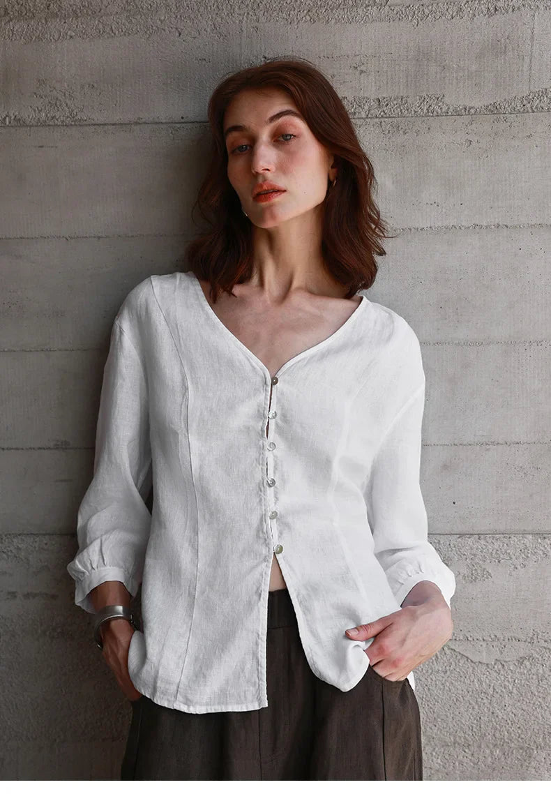 Morgan & Brooke | Fitted V-Neck Linen Blouse