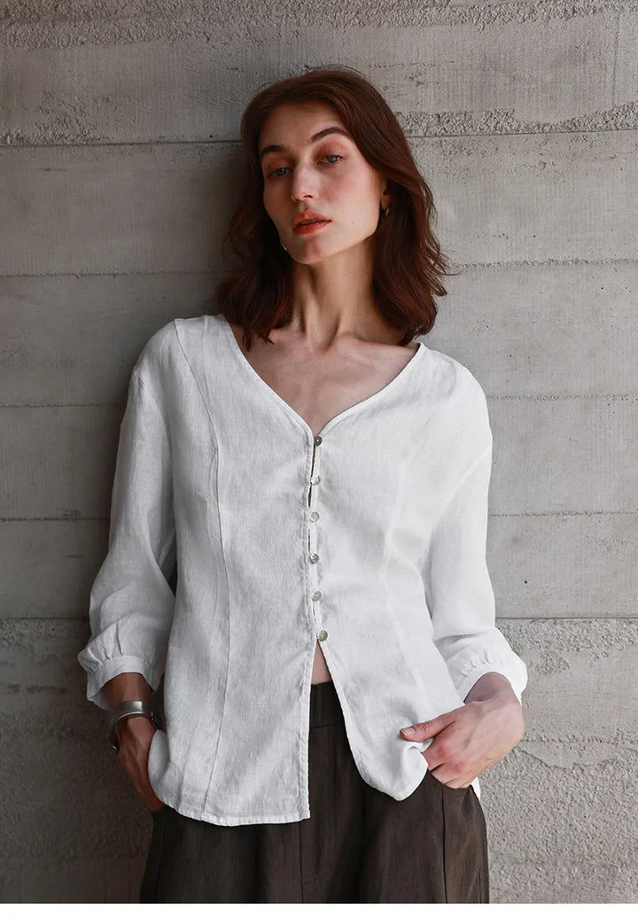 Morgan & Brooke | Fitted V-Neck Linen Blouse