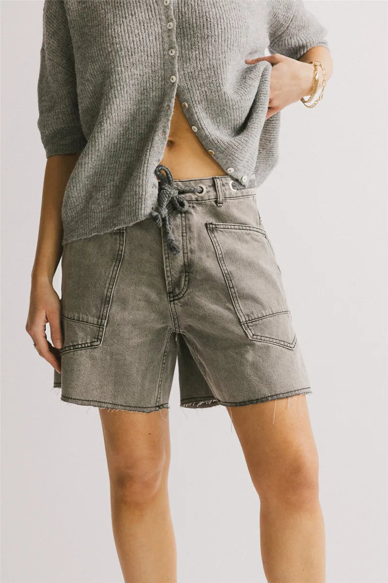 Morgan & Brooke | Light Blue High-Waist Frayed Hem Cotton Denim Shorts
