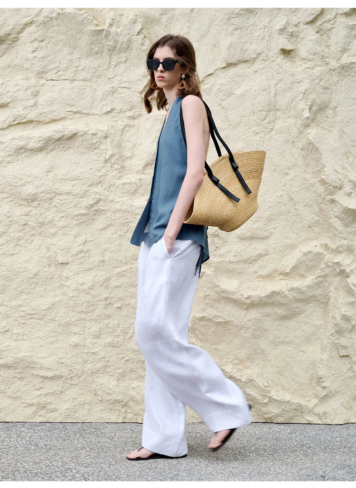 Morgan & Brooke | Natural Halter-Neck Waistcoat Cut Linen Top