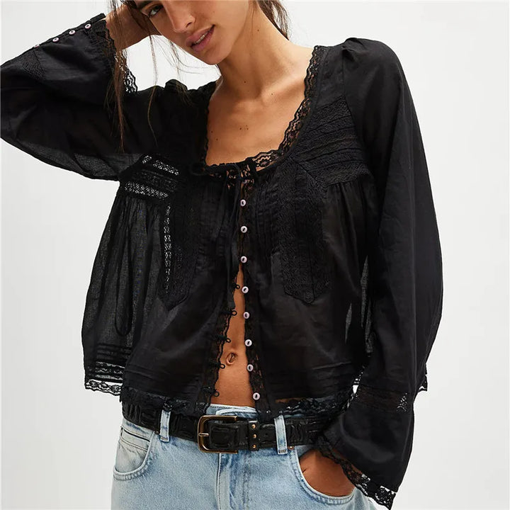 Morgan & Brooke | Ivory Lace-Trim Tie-Front Cotton Blouse