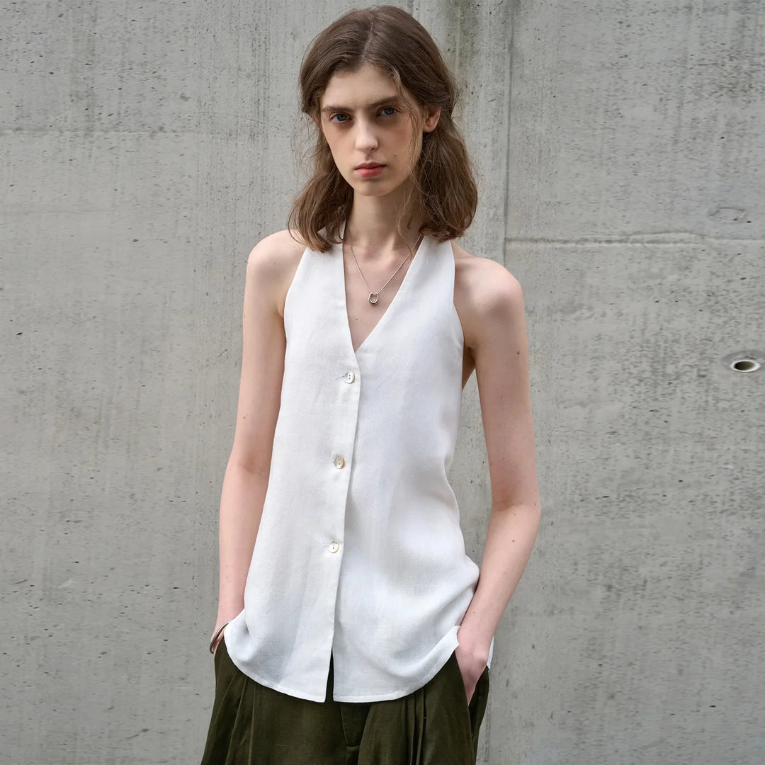 Morgan & Brooke | Natural Halter-Neck Waistcoat Cut Linen Top