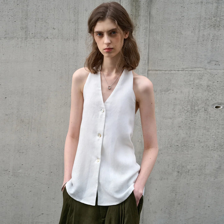 Morgan & Brooke | Natural Halter-Neck Waistcoat Cut Linen Top