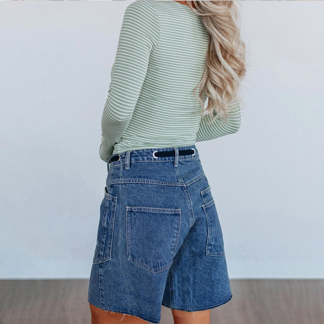 Morgan & Brooke | Light Blue High-Waist Frayed Hem Cotton Denim Shorts