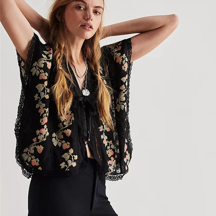 Morgan & Brooke | Strawberry Lace-Trim Cotton Blouse