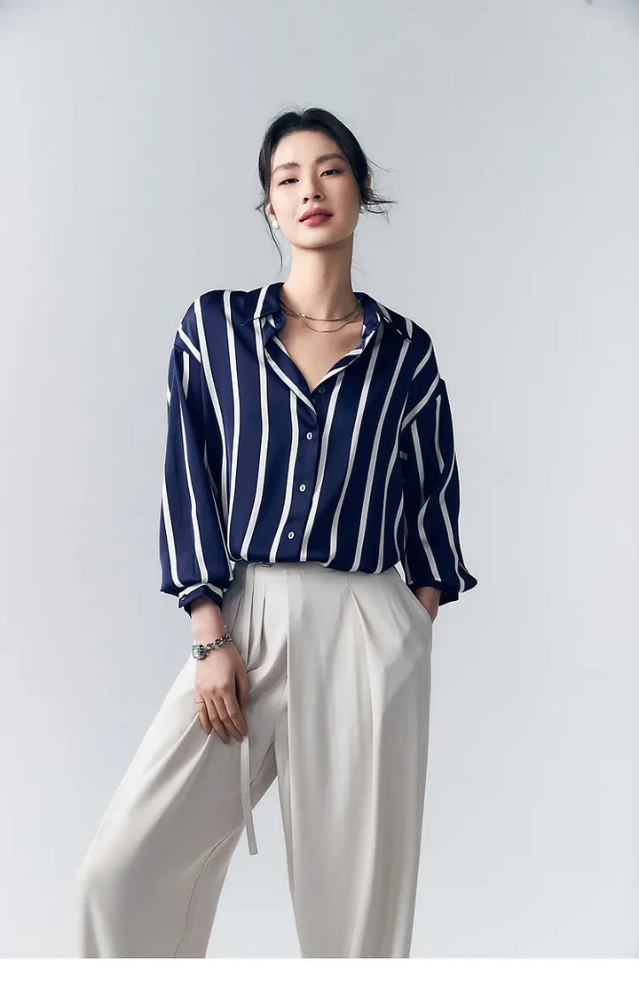 Morgan & Brooke | Blue Striped Long-Sleeve Satin Blouse