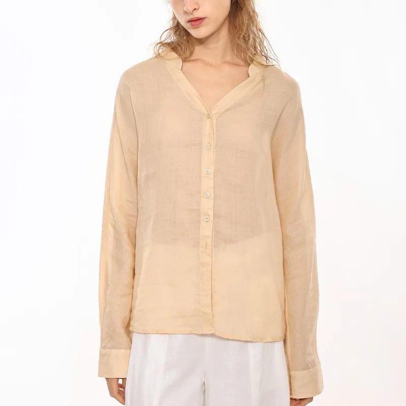 Morgan & Brooke | Natural Collarless V-Neck Linen Shirt