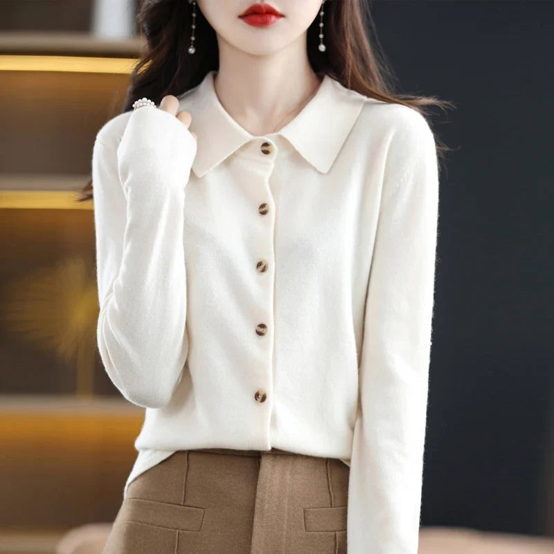 Morgan & Brooke | Navy Polo Collar Button-Up Cotton-Blend Knit Cardigan