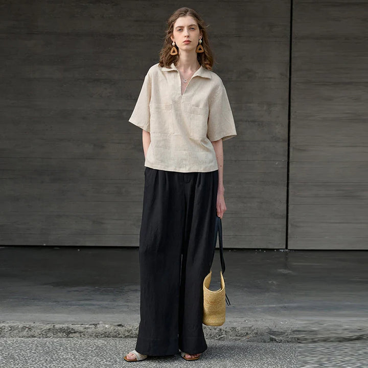 Morgan & Brooke | Relaxed Fit Polo Collar Linen Top
