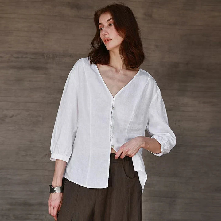 Morgan & Brooke | Fitted V-Neck Linen Blouse