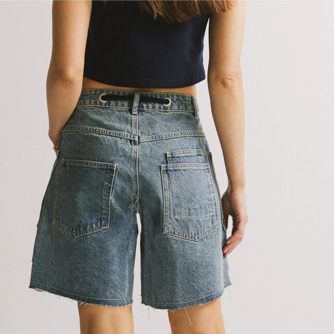 Morgan & Brooke | Light Blue High-Waist Frayed Hem Cotton Denim Shorts
