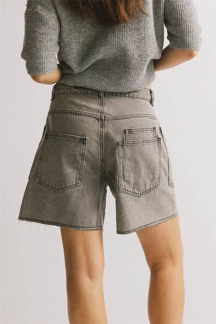Morgan & Brooke | Light Blue High-Waist Frayed Hem Cotton Denim Shorts