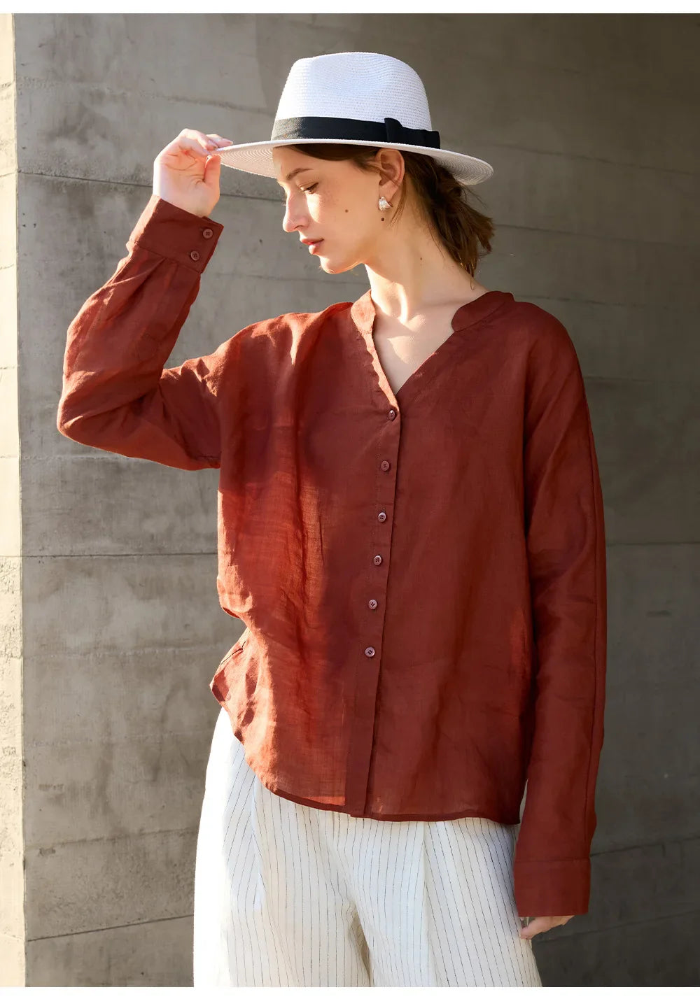 Morgan & Brooke | Natural Collarless V-Neck Linen Shirt