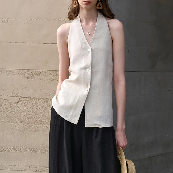 Morgan & Brooke | Natural Halter-Neck Waistcoat Cut Linen Top