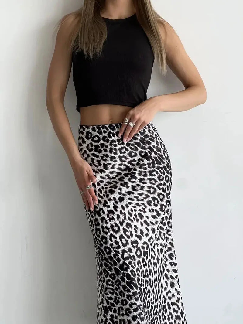 Morgan & Brooke | Leopard Print Midi Satin Skirt