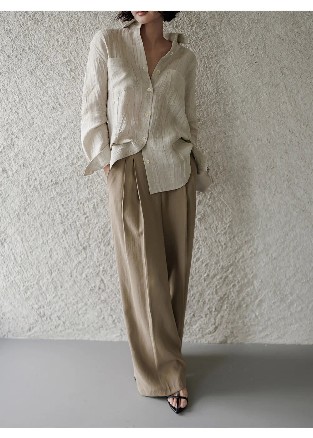 Morgan & Brooke | Natural Pleated Button-Up Linen Shirt