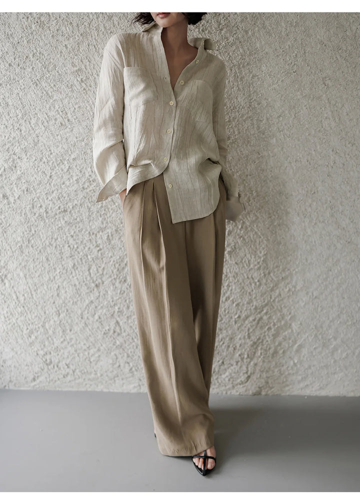 Morgan & Brooke | Natural Pleated Button-Up Linen Shirt