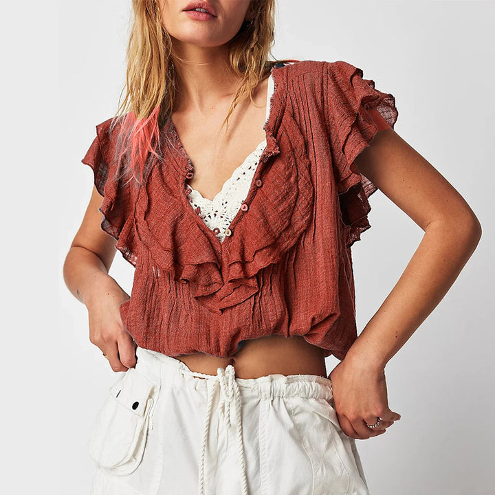 Morgan & Brooke | Ruffle-Front Gauze Cropped Top