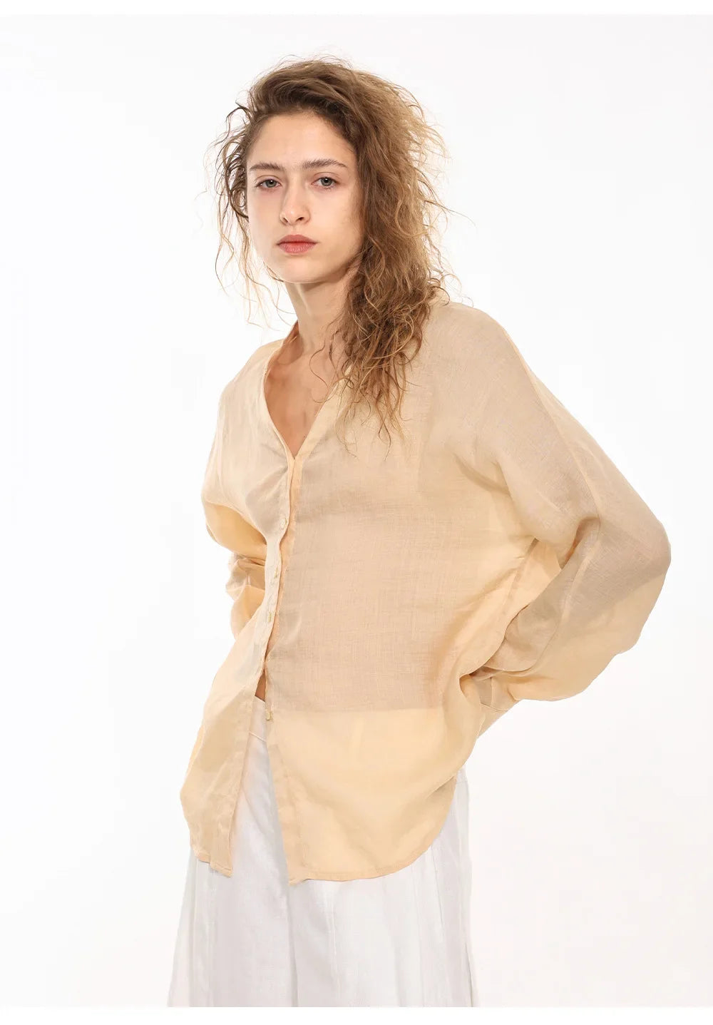 Morgan & Brooke | Natural Collarless V-Neck Linen Shirt
