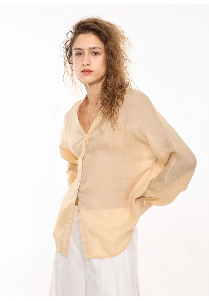 Morgan & Brooke | Natural Collarless V-Neck Linen Shirt