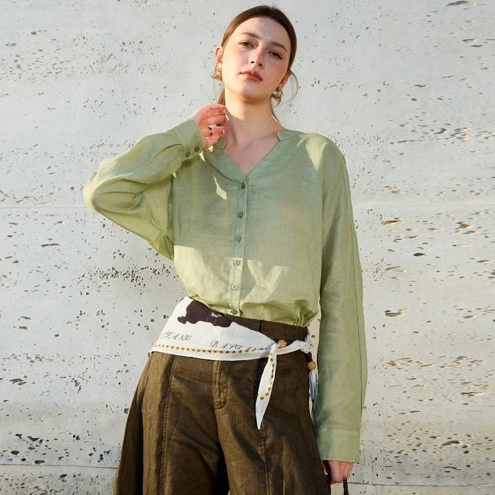 Morgan & Brooke | Natural Collarless V-Neck Linen Shirt