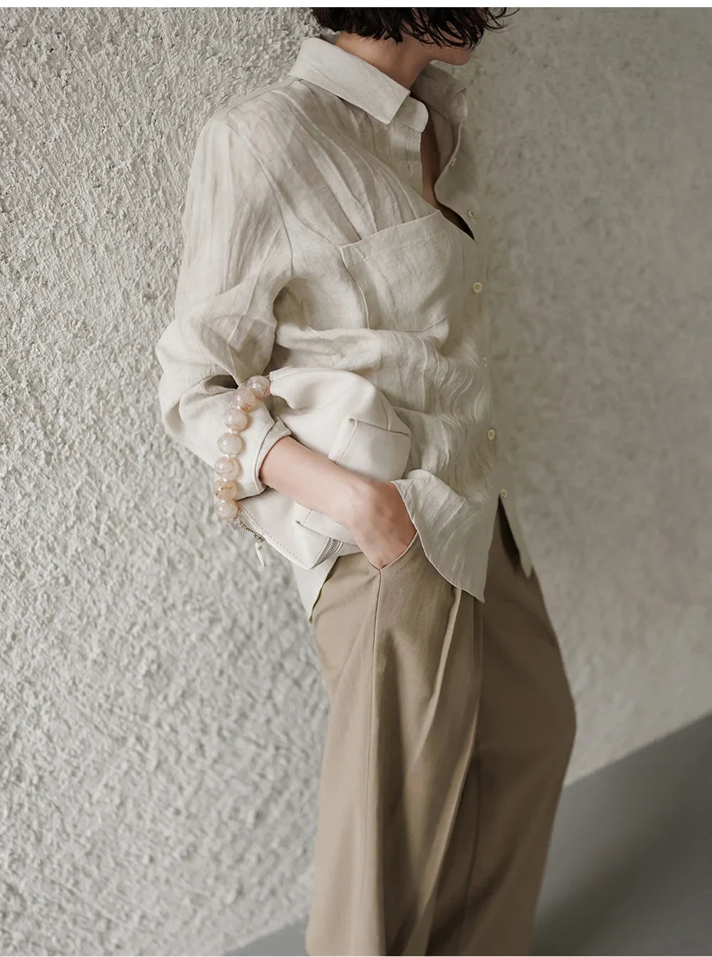 Morgan & Brooke | Natural Pleated Button-Up Linen Shirt
