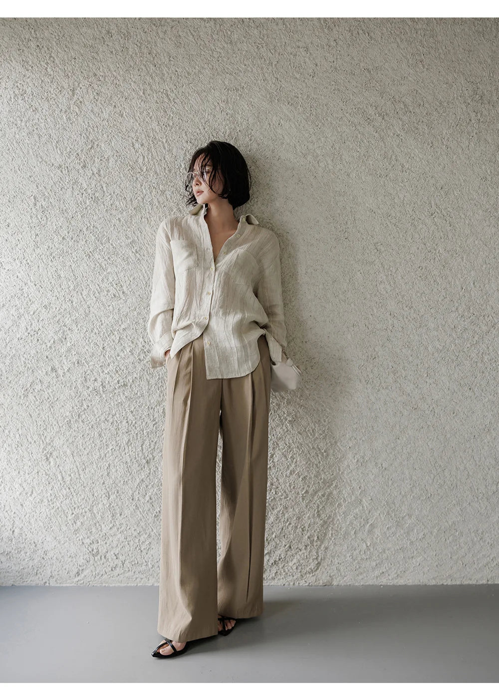 Morgan & Brooke | Natural Pleated Button-Up Linen Shirt