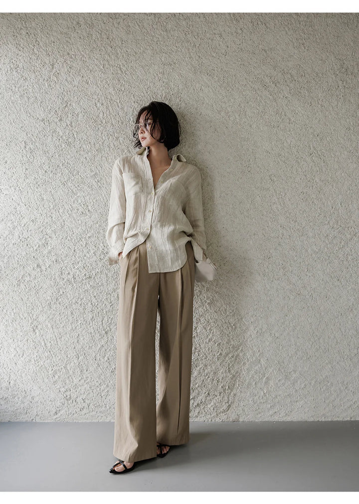 Morgan & Brooke | Natural Pleated Button-Up Linen Shirt