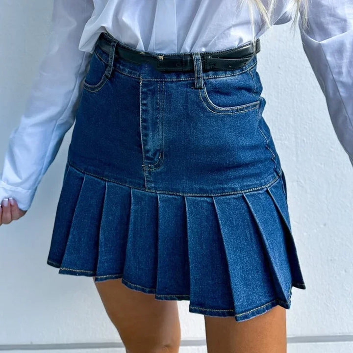Morgan & Brooke | Indigo Pleated High-Waist Cotton Denim Skirt