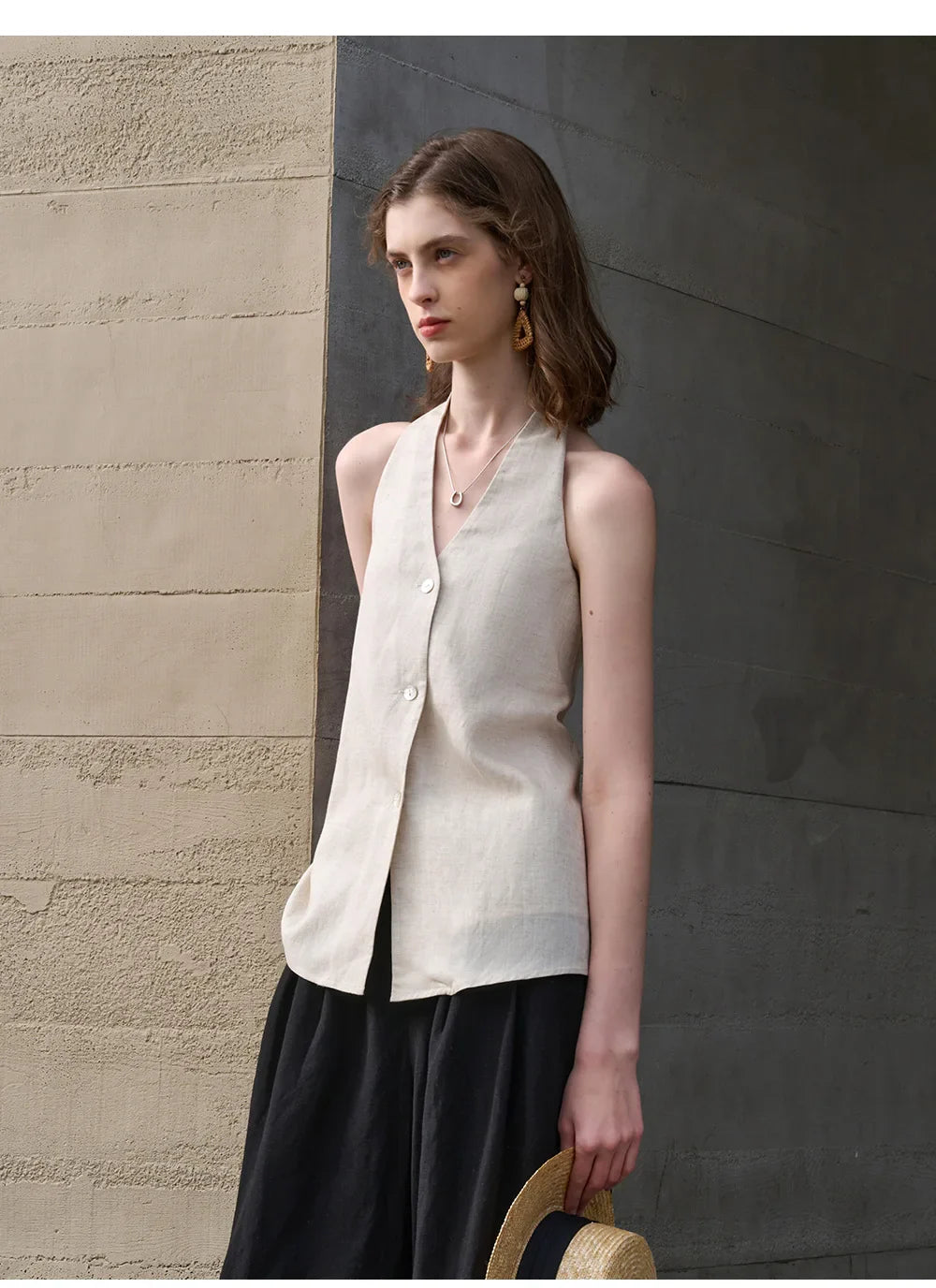 Morgan & Brooke | Natural Halter-Neck Waistcoat Cut Linen Top