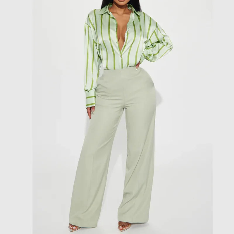 Morgan & Brooke | Striped Satin Button-Up Shirt
