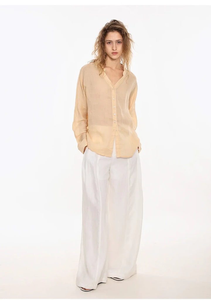 Morgan & Brooke | Natural Collarless V-Neck Linen Shirt