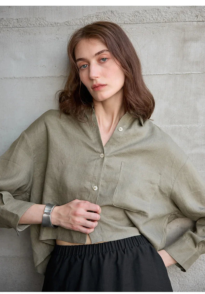 Morgan & Brooke | Cropped Long-Sleeve Linen Shirt