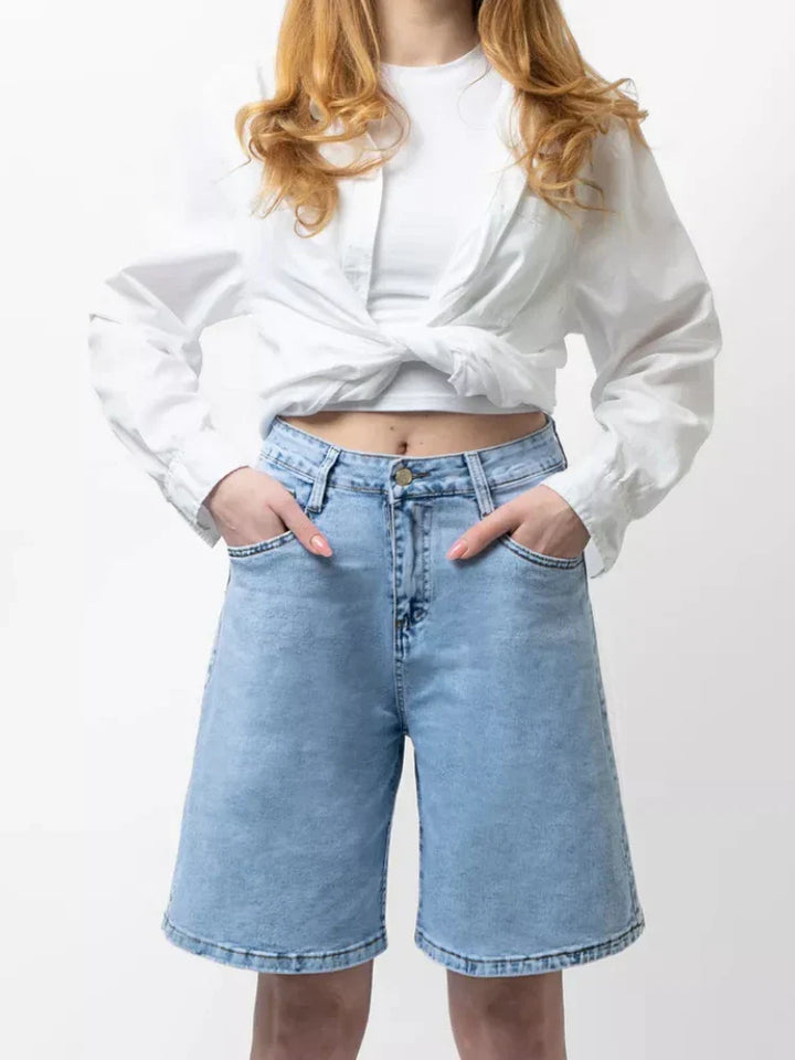 Morgan & Brooke | Blue High-Waist Frayed Hem Cotton Denim Shorts