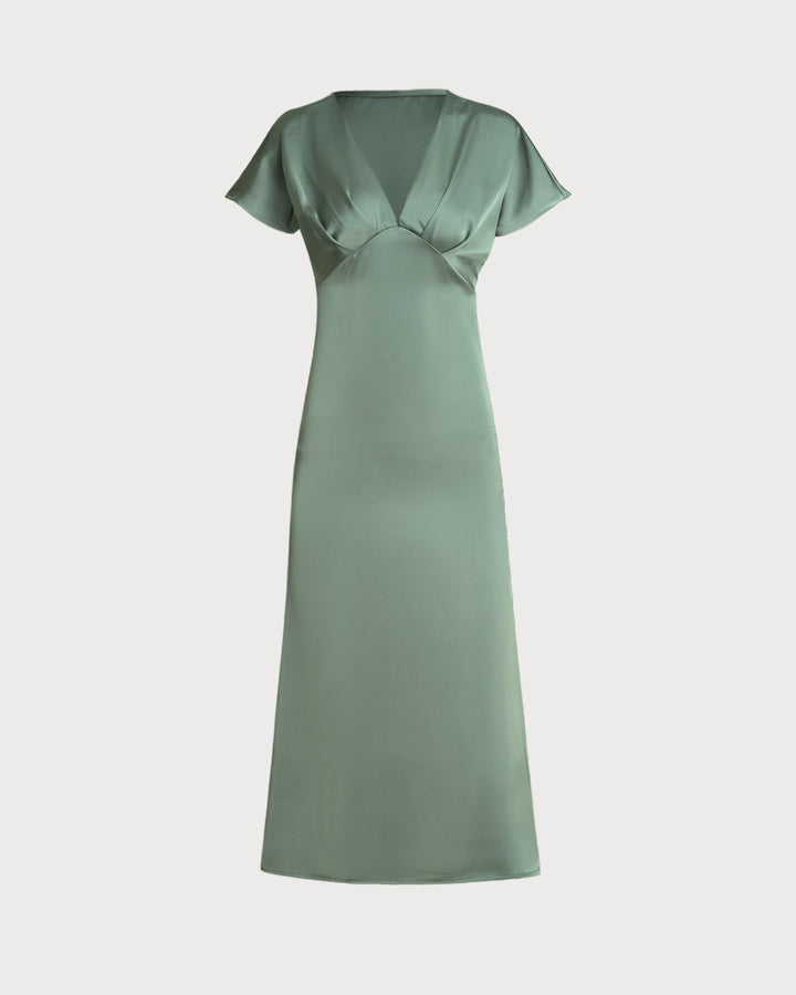 Morgan and Brooke | Satin V Neck A-Line Midi Dress in Green