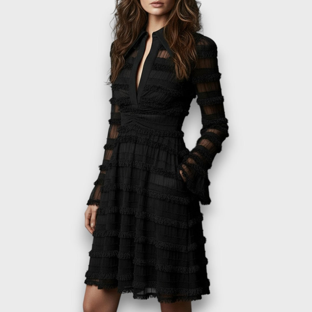 Morgan & Brooke | Sheer Fringe Mesh Midi Dress