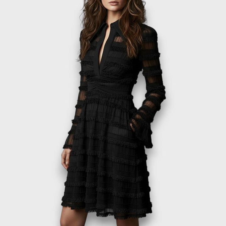 Morgan & Brooke | Sheer Fringe Mesh Midi Dress