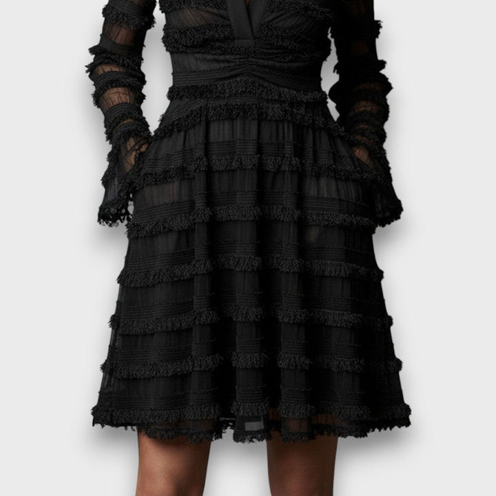 Morgan & Brooke | Sheer Fringe Mesh Midi Dress