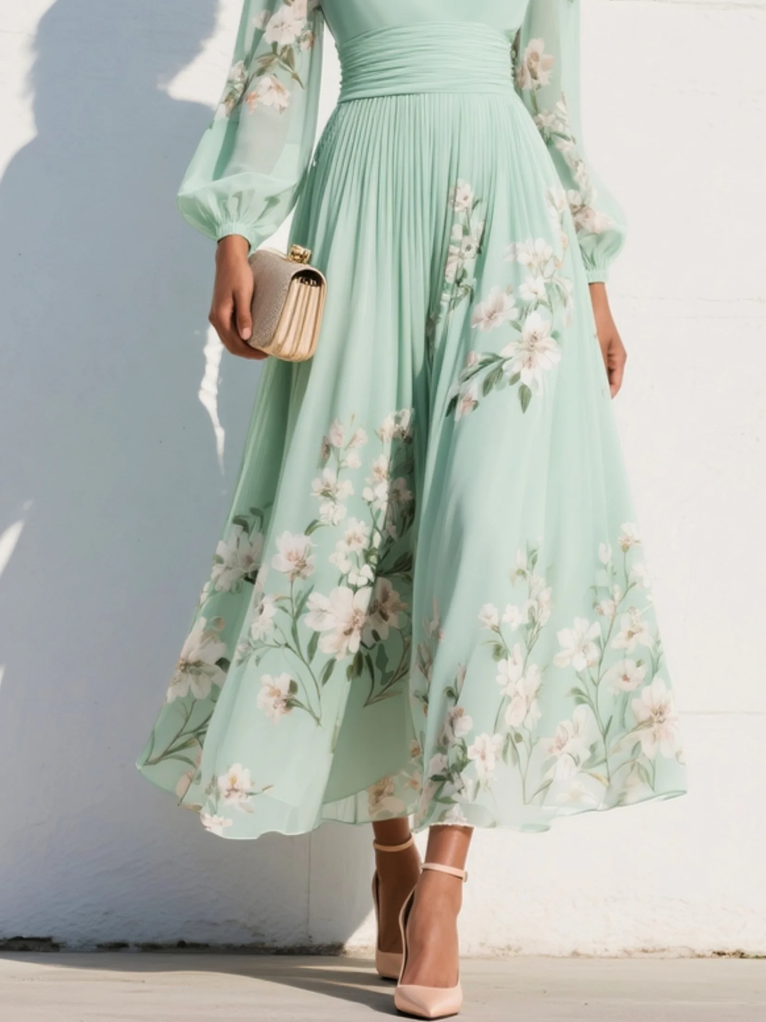 Morgan & Brooke | Mint Green V-Neck Chiffon Midi Dress