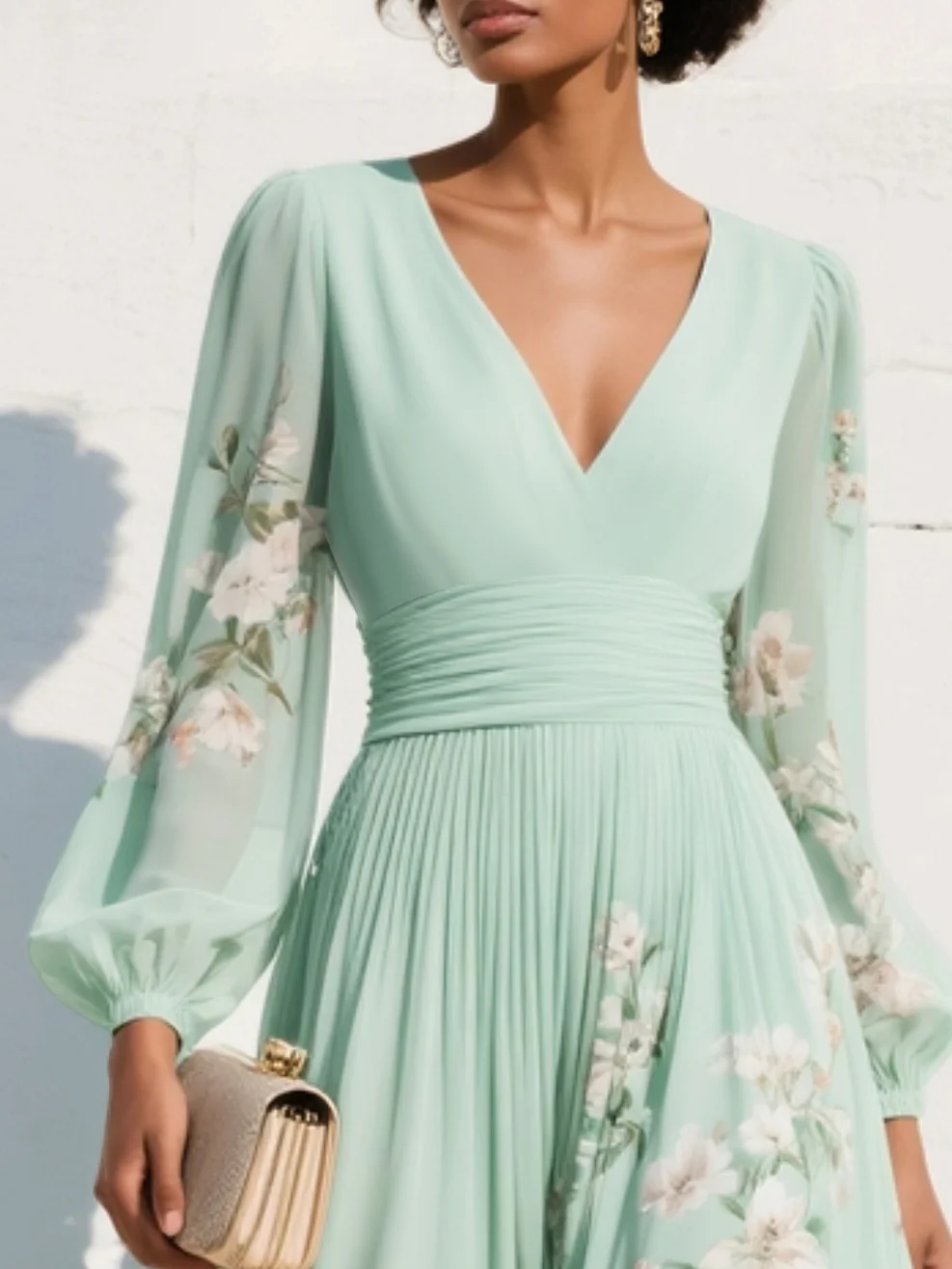 Morgan & Brooke | Mint Green V-Neck Chiffon Midi Dress