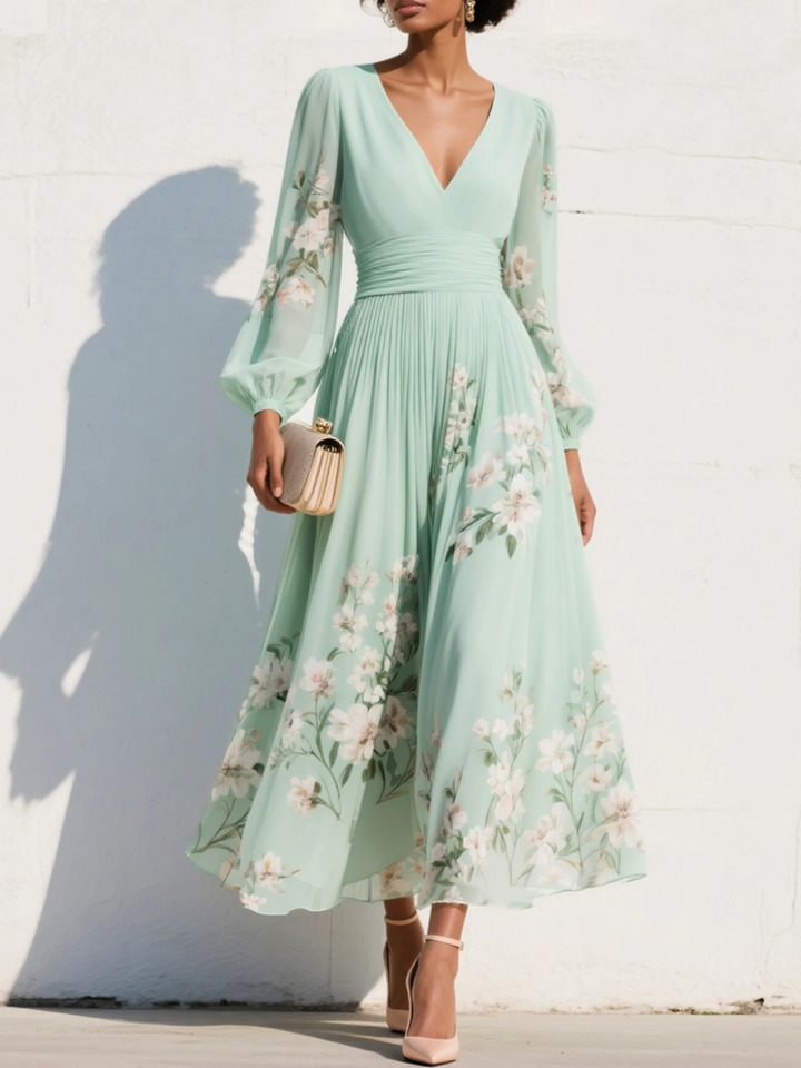Morgan & Brooke | Mint Green V-Neck Chiffon Midi Dress