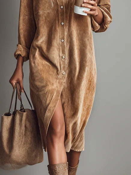 Morgan & Brooke | Beige Midi Button-Front Corduroy Dress