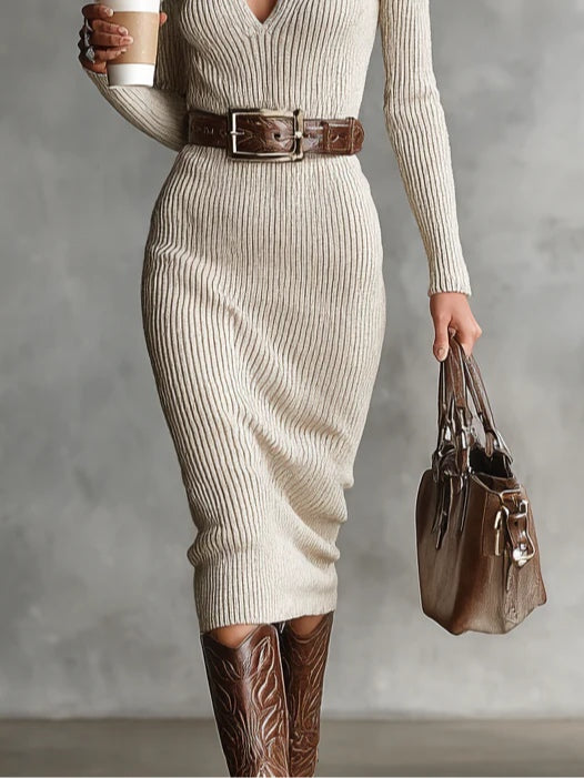 Morgan & Brooke | Neutral Belted Ribbed Knit Midi Dress