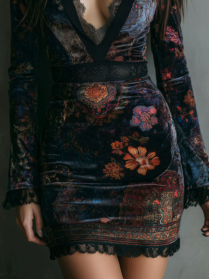 Morgan & Brooke | Floral-Print Mini Velvet Dress