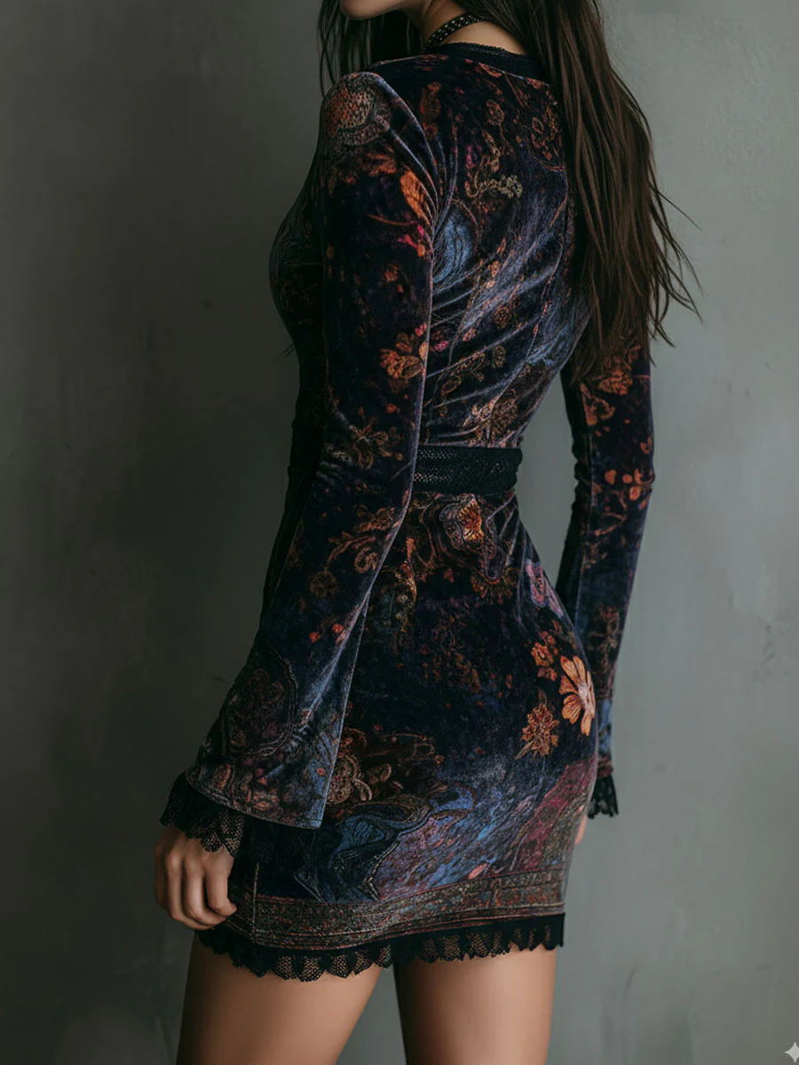 Morgan & Brooke | Floral-Print Mini Velvet Dress